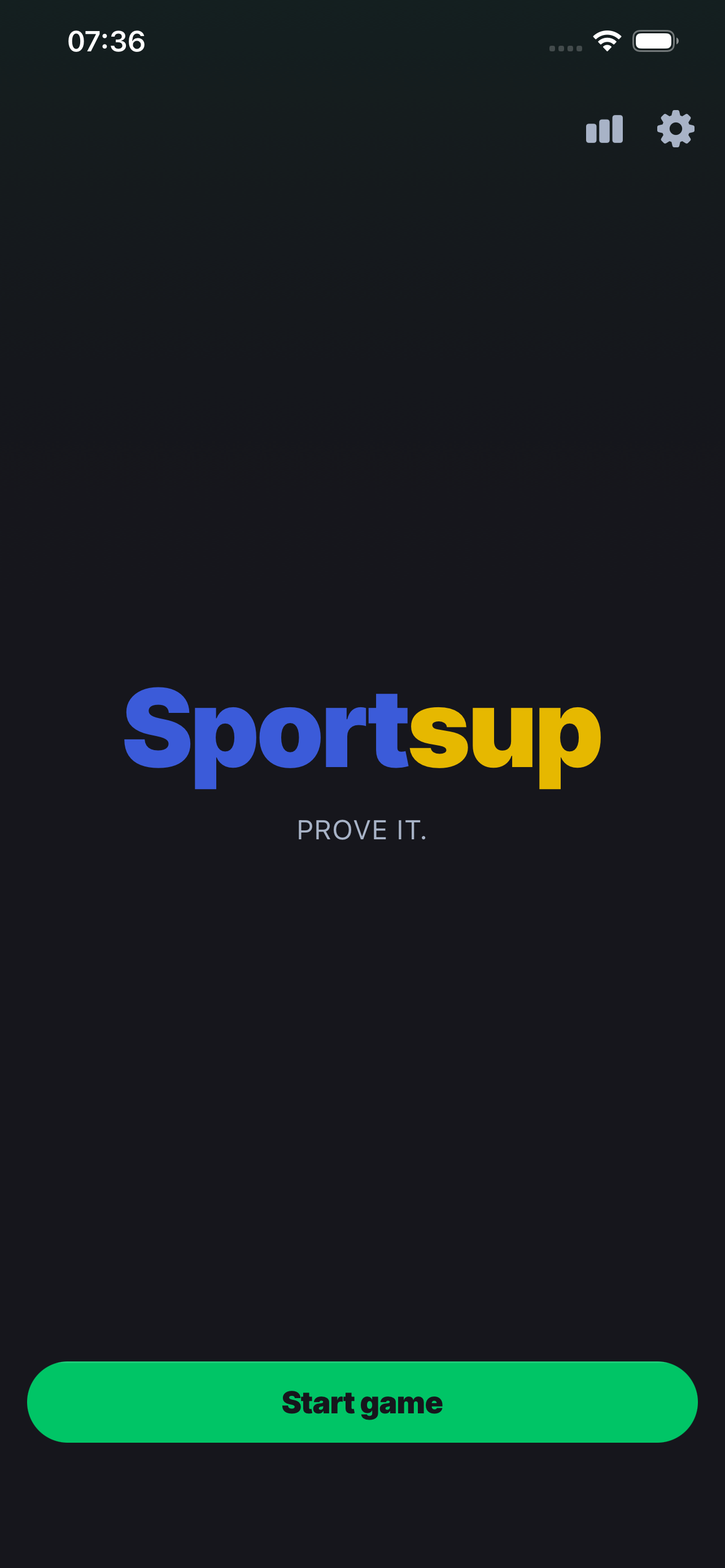 Sportsup start screen with the Start game button