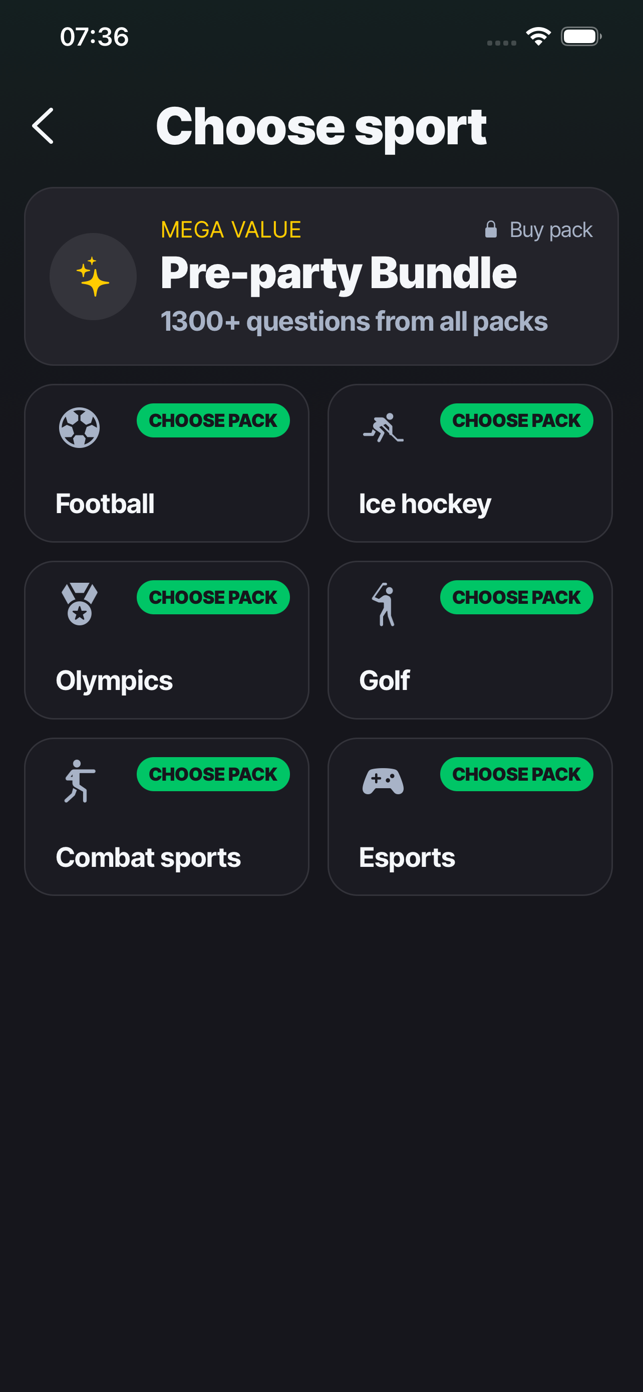 Choose sport screen with packs for football, ice hockey, Olympics, golf, combat sports, and esports