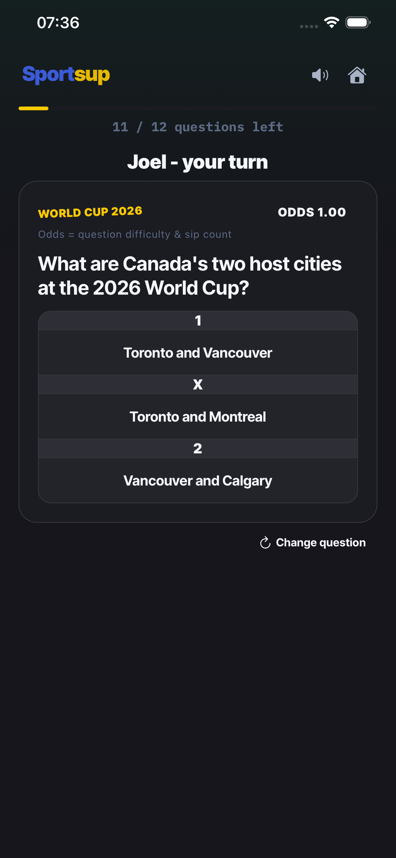 Question screen showing a 1x2 World Cup 2026 question