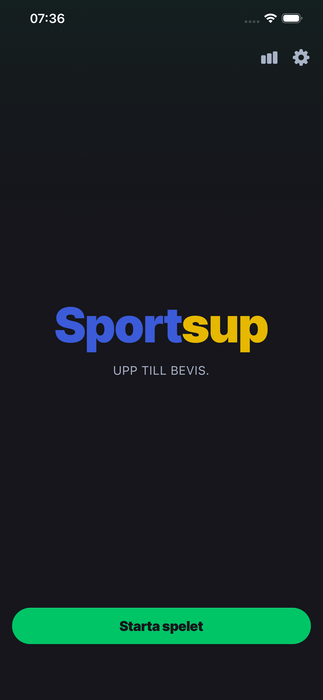 Sportsups startskärm med knappen Starta spel