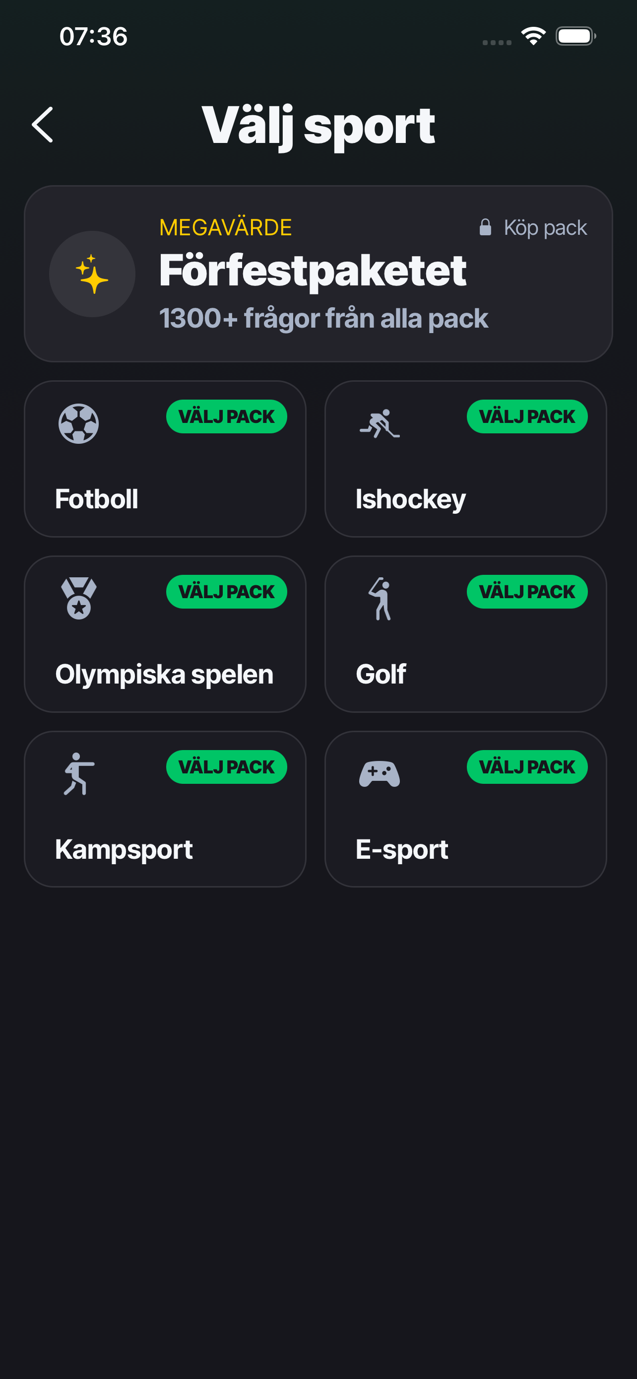 Välj sport-skärmen med paket för fotboll, ishockey, OS, golf, kampsport och e-sport