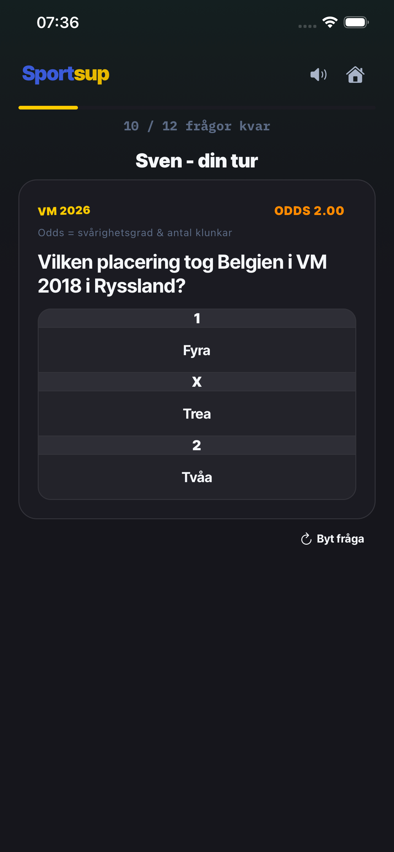 Frågeskärm med en 1X2-fråga om VM 2026